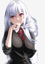  black_sweater breasts collared_shirt covered_mouth hakase_fuyuki hand_up highres impossible_clothes large_breasts long_hair looking_at_viewer neck_ribbon nijisanji off_shoulder puyo_(puyotopia) red_eyes ribbon shirt simple_background sweater upper_body virtual_youtuber white_background white_hair white_shirt 