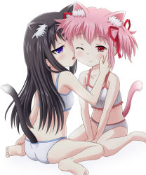 10s 2girls akemi_homura animal_ears black_hair blush bra camisole cat_ears cat_tail child_on_child collarbone hair_ribbon hairband hand_on_another&#039;s_cheek hand_on_another&#039;s_face kaname_madoka kemonomimi_mode licking licking_another&#039;s_cheek licking_another&#039;s_face loli long_hair mahou_shoujo_madoka_magica mahou_shoujo_madoka_magica_(anime) multiple_girls one_eye_closed panties pink_eyes pink_hair purple_eyes ribbon short_hair sitting smile tail training_bra twintails underwear underwear_only v_arms wariza white_panties wink yoshitani_(aminosan) yuri rating:Questionable score:29 user:danbooru