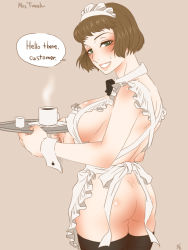  apron ass black_legwear breasts brown_hair cindy_tweak coffee collar cuffs green_eyes housewife inui_hiroshi large_breasts looking_back maid_headdress mature_female naked_apron short_hair sideboob south_park sweat thighhighs  rating:Questionable score:34 user:Karl_Lichen_Schubaltz
