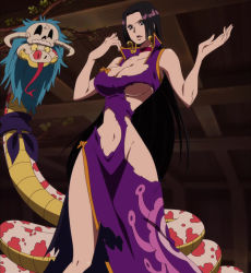  1girl asymmetrical_underboob black_hair blue_eyes boa_hancock breasts cleavage curvy dress earrings highres jewelry large_breasts long_hair navel no_panties one_piece salome_(one_piece) screencap narrow_waist snake stitched third-party_edit torn_clothes underboob  rating:Questionable score:75 user:seifer26