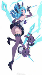 1girl ahoge animal_ears artist_name ass backless_dress backless_outfit bare_shoulders black_thighhighs blue_eyes blue_hair blush breasts citemer closed_mouth commentary dress drill_hair elbow_gloves english_commentary from_behind full_body gloves gwen_(league_of_legends) hair_between_eyes highres holding holding_scissors holding_weapon league_of_legends long_hair looking_at_viewer medium_breasts rabbit rabbit_ears rabbit_tail scissors simple_background smile solo stuffed_animal stuffed_rabbit stuffed_toy tail thighhighs thighs twin_drills weapon white_background rating:Sensitive score:27 user:danbooru