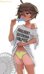  1girl absurdres artist_name backlighting bow bow_panties clothes_lift clothes_writing commentary cowboy_shot eating electric_fan english_commentary english_text food food_in_mouth hand_up highres holding holding_food holding_popsicle jitome madaotheory off-shoulder_shirt off_shoulder orange_eyes original oversized_clothes panties popsicle popsicle_in_mouth shirt shirt_lift short_hair short_sleeves shorts_tan simple_background solo sweat tan tanline thighs tomboy underwear white_background white_shirt wide_sleeves yellow_panties 