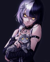  1girl animal arm_strap arm_warmers artist_name bare_shoulders black_background black_choker black_hair black_nails black_shirt blunt_bangs breasts cat choker collarbone grey_hair hair_intakes hair_ornament hair_over_shoulder head_tilt highres holding holding_animal hololive hololive_english jewelry lace-trimmed_choker lace_trim large_breasts looking_at_viewer medium_hair multicolored_hair multiple_rings pink_lips ranveld ring shiori_novella shiori_novella_(1st_costume) shirt sidelocks simple_background slit_pupils smile solo spaghetti_strap striped_arm_warmers tabby_cat tsurime two-tone_hair upper_body virtual_youtuber yellow_eyes  rating:General score:9 user:danbooru