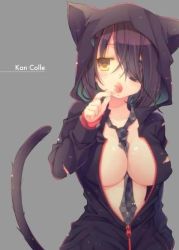 10s animal_ears artist_name breasts brown_hair candy cat_tail character_name covered_erect_nipples eyepatch fake_animal_ears food hair_over_one_eye kantai_collection large_breasts lollipop necktie short_hair solo tail tenryuu_(kancolle) torn_clothes yellow_eyes rating:Questionable score:13 user:danbooru