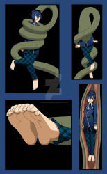  1girl angry barefoot blue_hair coiled comic elmonais feet foot_focus persona persona_4 shirogane_naoto snake toes vore watermark  rating:Questionable score:17 user:Mejkysun