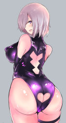 14sai_bishoujo_(shoutarou) 1girl ass ass_cutout back_cutout bare_shoulders blush breasts butt_crack clothing_cutout covered_erect_nipples cowboy_shot elbow_gloves fate/grand_order fate_(series) from_behind gloves grey_background hair_over_one_eye heart_cutout highres large_breasts leotard looking_at_viewer looking_back mash_kyrielight purple_hair purple_leotard shielder shiny_skin short_hair simple_background skin_tight skindentation solo thigh_strap thighs rating:Questionable score:45 user:danbooru