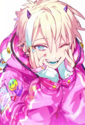  1boy ;d aqua_eyes aqua_tongue blonde_hair coat colored_tongue ear_piercing fanged_bangs fingerless_gloves gloves hair_between_eyes hands_on_own_cheeks hands_on_own_face hands_up happy hood hood_down long_sleeves looking_at_viewer multicolored_nails nail_polish ohsoukamo one_eye_closed open_hands open_mouth original piercing pink_coat portrait ringed_eyes short_hair simple_background small_horns smile solo three_quarter_view white_background white_gloves white_hair yellow_pupils 