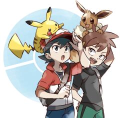 2boys :d :o arm_up backpack bag bright_pupils brown_eyes brown_hair chase_(pokemon) commentary_request creatures_(company) eevee game_freak gen_1_pokemon green_pants hat jacket looking_up male_focus multiple_boys nintendo nisaka_ooo on_head open_mouth pants pikachu pokemon pokemon_(creature) pokemon_lgpe pokemon_on_head red_headwear red_jacket shirt short_hair short_sleeves smile teeth tongue trace_(pokemon) upper_teeth_only white_pupils