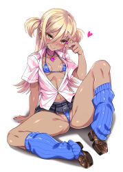  1girl absurdres arm_support arm_up bikini black_skirt blonde_hair blue_bikini blush breasts brown_eyes brown_footwear closed_mouth collarbone collared_shirt commentary_request covered_erect_nipples dark-skinned_female dark_skin dress_shirt earrings fingernails full_body gyaru hair_between_eyes hair_tie halterneck harigane_shinshi head_tilt heart heart_necklace highres jewelry knee_up leg_warmers long_fingernails long_hair looking_at_viewer loose_socks microskirt nail_polish necklace original partially_unbuttoned partially_visible_vulva pink_nails pink_shirt pleated_skirt reclining seductive_smile shiny_skin shirt short_sleeves sidelocks simple_background skirt small_breasts smile socks solo spread_legs string_bikini stud_earrings swimsuit tsurime two_side_up w white_background wing_collar  rating:Questionable score:88 user:danbooru