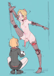  2others ? absurdres against_wall amputee bad_id bad_pixiv_id bar_censor blonde_hair blue_background breasts censored chinese_commentary futanari heart highres hood hoodie joints lan_mao_akko multiple_others newhalf nude original other_focus penis pink_eyes prosthesis prosthetic_arm prosthetic_leg quadruple_amputee robot_joints small_breasts squatting testicles  rating:Explicit score:226 user:danbooru