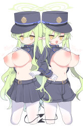  2girls :&lt; :d absurdres alternate_breast_size blue_archive breasts clothes_lift commentary_request cropped_legs demon_girl demon_tail fang gloves green_hair halo hat highres hikari_(blue_archive) inverted_nipples large_breasts lifting_own_clothes locked_arms long_hair long_pointy_ears miniskirt multiple_girls navel nipples no_nose nozomi_(blue_archive) open_mouth oppai_loli pantyhose pointy_ears shako_cap shirt_lift shorts siblings simple_background sisters skin_fang skirt smile smug tail train_conductor very_long_hair white_background white_gloves white_pantyhose yellow_eyes yueepon  rating:Questionable score:14 user:danbooru