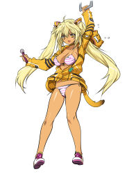  1girl animal_ears arm_up bikini blonde_hair breasts brown_eyes cat cat_tail choker cleavage dark-skinned_female dark_skin fang female_focus front-tie_top hair_ornament jacket large_breasts long_hair microphone no_pants original q_azieru shoes side-tie_bikini_bottom smile solo striped_bikini striped_clothes swimsuit tail tan tears tiger_ears tiger_tail twintails yellow_eyes  rating:Sensitive score:13 user:HunterStrike