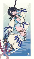  1girl bare_shoulders black_hair blue_eyes blue_ribbon blush breasts detached_leggings dress fate/grand_order fate/requiem fate_(series) full_body fundoshi hacco_mayu highres holding holding_polearm holding_weapon japanese_clothes jewelry large_breasts long_sleeves looking_at_viewer magatama magatama_hair_ornament magatama_necklace medium_hair multicolored_hair necklace pelvic_curtain pink_hair polearm puffy_long_sleeves puffy_sleeves ribbon sandals see-through seigaiha short_dress sideboob sideless_outfit sidelocks signature solo spear streaked_hair sun thighs twitter_username two-sided_fabric two-sided_skirt utsumi_erice weapon white_dress 