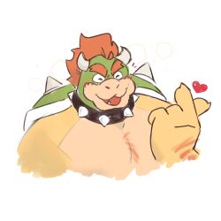  1boy ^_^ bara bowser closed_eyes collar cropped_torso fang fang_out finger_heart furry furry_male happy_aura highres huge_eyebrows kiba2412 large_hands large_pectorals mario_(series) muscular muscular_male nintendo pectorals short_hair solo spiked_collar spikes unfinished v-shaped_eyebrows 
