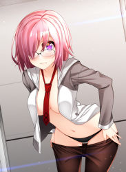 1girl black-framed_eyewear black_panties blush breasts brown_pantyhose closed_mouth clothes_pull collarbone cowboy_shot eyelashes fate/grand_order fate_(series) frown glasses hair_over_one_eye healther indoors jacket leaning_forward legs_apart long_sleeves looking_at_viewer mash_kyrielight medium_breasts navel necktie no_bra open_clothes open_jacket over-rim_eyewear panties pantyhose pantyhose_pull pink_hair purple_eyes red_necktie semi-rimless_eyewear short_hair solo stomach track_jacket underwear undressing wavy_mouth white_jacket rating:Questionable score:47 user:danbooru