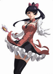  1girl bad_id bad_pixiv_id bare_shoulders black_hair black_skirt black_thighhighs blunt_bangs bow breasts brown_eyes buttons character_request cleavage cleavage_cutout closed_mouth clothing_cutout collared_shirt cowboy_shot frilled_skirt frills gloves hair_bow hair_ornament high_ponytail highres holding holding_staff legs_together long_hair looking_at_viewer magical_girl medium_breasts mile_(lancermoon) miniskirt original pink_lips reaching reaching_towards_viewer red_shirt shirt simple_background skirt sleeveless sleeveless_shirt smile solo staff standing thighhighs white_background white_gloves 