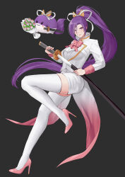  1girl absurdres alternate_costume aroevela black_background black_thighhighs bow bowtie closed_mouth commentary english_commentary full_body high_heels highres holding holding_sword holding_weapon long_hair looking_at_viewer meira_(touhou) pink_bow pink_bowtie pink_footwear ponytail purple_eyes purple_hair simple_background sukusuku_hakutaku sword thighhighs touhou touhou_(pc-98) variant_set very_long_hair weapon white_thighhighs 