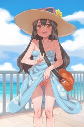  1girl bare_shoulders black_hair blue_dress blue_sky breasts brown_hat cleavage cleft_of_venus clothes_lift cloud commentary_request creatures_(company) day dress dress_lift eyewear_on_headwear flashing game_freak hat highres lifting_own_clothes looking_at_viewer medium_breasts nintendo no_panties outdoors pokemon pokemon_sm pussy sightseer_(pokemon) sky sleeveless sleeveless_dress smile solo standing sunglasses sweat tenako_(mugu77) w  rating:Explicit score:135 user:danbooru