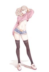 1girl absurdres arm_up black_thighhighs blonde_hair breasts commission denim denim_shorts eyebrows_hidden_by_hair full_body highres large_breasts legs lips looking_at_viewer midriff persona persona_5 senacolada shoes short_shorts shorts simple_background skindentation sneakers solo standing stomach swept_bangs takamaki_anne thighhighs twintails underboob white_background white_footwear rating:Sensitive score:142 user:danbooru