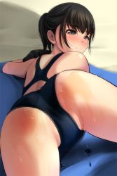 1girl ass back beach_towel black_hair black_one-piece_swimsuit blush brown_eyes closed_mouth commentary_request highres looking_at_viewer looking_back lying matsunaga_kouyou on_stomach one-piece_swimsuit original partially_visible_vulva ponytail sand sidelocks smile solo swimsuit thighs towel wet rating:Sensitive score:190 user:danbooru