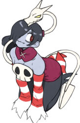  1girl black_hair blue_skin colored_skin detached_collar detached_sleeves hands_on_own_knees leaning_forward leviathan_(skullgirls) looking_at_viewer looking_to_the_side sitting skullgirls smile socks solo squigly_(skullgirls) stitched_mouth stitches striped_clothes striped_sleeves striped_socks toshinoshin 