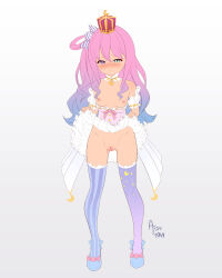  aisuman artist_name asymmetrical_legwear blue_footwear blush bow breasts breasts_out cleft_of_venus closed_mouth commission crescent_moon crown embarrassed frilled_skirt frills full_body gradient_hair hair_bow heterochromia highres himemori_luna hololive lifted_by_self long_hair mismatched_legwear moon multicolored_hair nipples no_panties nose_blush purple_hair pussy simple_background skirt small_breasts standing star_(symbol) star_print striped_bow striped_clothes striped_thighhighs thighhighs thighs uncensored virtual_youtuber white_skirt 