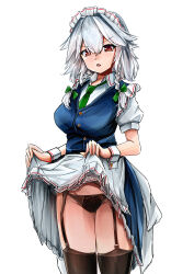  1girl 3books absurdres apron black_panties black_thighhighs blue_skirt blue_vest bow braid breasts buttons clothes_lift collared_shirt commentary_request cowboy_shot frilled_apron frilled_skirt frills frown garter_straps gluteal_fold green_bow green_necktie grey_hair groin hair_between_eyes hair_bow highres izayoi_sakuya large_breasts lifted_by_self looking_at_viewer maid maid_apron maid_headdress medium_hair necktie open_mouth panties red_eyes shirt short_sleeves simple_background skirt skirt_lift solo standing thigh_gap thighhighs thighs touhou twin_braids underwear v-shaped_eyebrows vest white_apron white_background white_shirt wrist_cuffs 