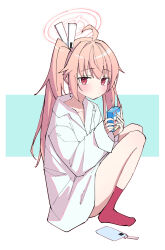  1girl absurdres ahoge aqua_background bare_legs blue_archive blush borrowed_clothes bright_pupils cellphone cellphone_charm charm_(object) closed_mouth collarbone collared_shirt commentary_request dot_nose drink drinking_straw fingernails from_side full_body hair_ornament hairclip halo hands_up highres holding holding_drink juice_box long_fingernails long_hair looking_at_viewer looking_to_the_side morphling_(artist) naked_shirt natsu_(blue_archive) open_collar phone pink_hair raised_eyebrows red_eyes red_socks shirt side_ponytail sidelocks simple_background sleeves_past_wrists smartphone socks solo squatting turning_head two-tone_background white_background white_halo white_pupils white_shirt 