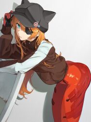  1girl arm_support artist_request ass baseball_cap black_hat blue_eyes bodysuit bodysuit_under_clothes breasts brown_hair evangelion:_3.0_you_can_(not)_redo eyepatch hair_between_eyes hat highres jacket long_hair looking_at_viewer medium_breasts neon_genesis_evangelion nipples pilot_suit plugsuit rebuild_of_evangelion red_bodysuit shiny_clothes simple_background solo souryuu_asuka_langley standing track_jacket two_side_up 