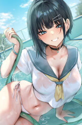  1girl bikini black_hair blue_eyes blue_sky breasts cloud cloudy_sky collarbone commentary_request crop_top cropped_shirt danimaru grey_sailor_collar hair_ornament hairclip holding holding_hose hose large_breasts looking_at_viewer mole mole_under_eye navel neckerchief no_bra original panties sailor_collar see-through shirt short_hair short_sleeves side-tie_panties sitting sky smile solo stomach swimsuit underwear wet wet_clothes wet_shirt white_panties white_shirt yellow_neckerchief yokozuwari 