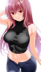  1girl alternate_costume bare_shoulders blue_pants breasts closed_mouth commentary_request denim engo_(aquawatery) fate/grand_order fate_(series) hair_between_eyes highres jeans large_breasts lips long_hair looking_at_viewer midriff navel pants pink_lips purple_hair red_eyes scathach_(fate) simple_background sleeveless sleeveless_turtleneck smile solo stomach turtleneck very_long_hair white_background 