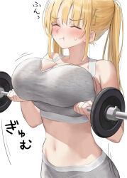  1girl :t blonde_hair blush breast_lift breasts closed_eyes closed_mouth commentary_request dumbbell exercising furrowed_brow grey_pants grey_sports_bra hair_ornament hairclip inconvenient_breasts kaisen_chuui large_breasts long_hair midriff navel original pants simple_background solo sports_bra stomach struggling sweatdrop twintails weightlifting white_background yoga_pants 