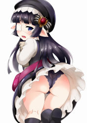  10s 1girl black_hair blush clothes_lift dress dress_lift eyepatch female_focus frills from_behind granblue_fantasy harvin hat holding kneepits long_hair long_sleeves looking_at_viewer looking_back lunalu_(granblue_fantasy) open_mouth panties pointy_ears simple_background solo thigh_gap underwear wind wind_lift yanagi_kawa 