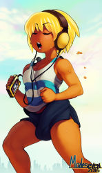  1girl ami_dixie bad_id bad_tumblr_id blonde_hair breasts bulge cassette_player cassette_tape closed_eyes dark-skinned_female dark_skin exercising futanari headphones highres jogging listening_to_music medium_breasts modeseven newhalf no_nose open_mouth original running short_hair short_shorts shorts solo striped sweat tank_top thick_thighs thighs when_you_see_it  rating:Questionable score:76 user:Juni221