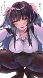  1girl :d absurdres bishooji black_hair black_pantyhose blush breasts breath cleavage head_tilt heavy_breathing highres knees_apart_feet_together large_breasts long_hair long_sleeves looking_at_viewer open_mouth outstretched_arms pantyhose partially_unbuttoned pov shirt sidelocks sketch skirt smile solo squatting sweat toaru_kagaku_no_railgun toaru_majutsu_no_index translation_request two_side_up white_background white_shirt yellow_eyes yumiya_rakko  rating:Sensitive score:23 user:danbooru