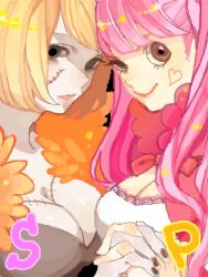  2girls akizuki_hakuto blonde_hair breasts capelet cleavage feather_boa female_focus holding_hands heart looking_at_viewer multiple_girls one_piece perona pink_hair scar short_cape smile tegaki thriller_bark victoria_cindry  rating:Sensitive score:20 user:iyaz
