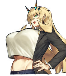  1girl blonde_hair breasts contemporary denim barghest_(fate) fate/grand_order fate_(series) green_eyes hand_on_own_hip horns huge_breasts jeans long_hair melon22 muscular muscular_female pants simple_background smile solo tall_female upper_body white_background  rating:Sensitive score:155 user:danbooru