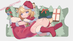  1girl antlers ass bell bikini blonde_hair blush boots candy candy_cane capelet christmas_stocking closed_mouth commentary english_commentary flat_chest food full_body fur-trimmed_boots fur-trimmed_capelet fur_trim gift gloves half-closed_eyes hat highres horns looking_at_viewer medium_hair merry_christmas neck_bell original red_bikini red_capelet red_footwear red_gloves red_hat sakurami_sumi santa_boots santa_capelet santa_gloves santa_hat side-tie_bikini_bottom smile solo swimsuit tail 