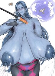  armpit_hair bird blue_hair blue_nipples blue_skin breasts cloud colored_nipples colored_skin dragon_quest gigantic_breasts hand_on_breast hand_on_chest hand_on_own_chest highres lactation large_areolae long_hair mechamorga pants plump pointy_ears sagging_breasts sex_toy simple_background sky sun sword tight_clothes tight_pants vibrator weapon white_bird witch_(dragon_quest)  rating:Explicit score:46 user:JustUploadingPicsILike