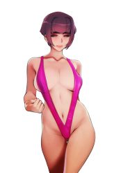 1girl absurdres blunt_bangs breasts collarbone contrapposto doxy gluteal_fold hair_intakes highres large_breasts lips navel one-piece_swimsuit pink_eyes pink_one-piece_swimsuit pink_slingshot_swimsuit purple_hair real_life real_life_insert short_hair slingshot_swimsuit smile solo standing swimsuit swimsuitsuccubus white_background