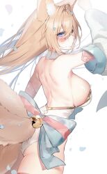  1girl absurdres animal_ear_fluff animal_ears arm_up armpits back back_ribbon backless_outfit bell blonde_hair blue_eyes blue_ribbon breasts character_request copyright_request crossed_bangs detached_collar detached_sleeves falling_petals floating_hair fox_ears fox_tail from_behind hair_flowing_over hair_intakes heterochromia highres jingle_bell large_breasts leotard long_hair looking_at_viewer multiple_tails petals ribbon sideboob sidelocks solo standing tail tamafurin underbutt white_background white_leotard white_sleeves wide_sleeves yellow_eyes 