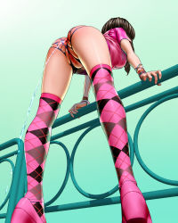  1girl anus aqua_background argyle argyle_clothes argyle_legwear ass ats_(ats2nd) bad_id bad_pixiv_id bent_over bracelet breasts brown_hair crotchless crotchless_panties enema enema_ejection from_below gradient_background green_background high_heels jewelry legs long_hair original panties pink_footwear pink_thighhighs pussy railing simple_background skindentation solo thighhighs thighs uncensored underwear water  rating:Explicit score:170 user:danbooru