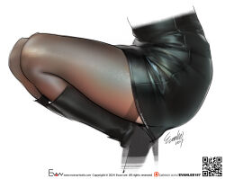  1girl artist_name black_footwear black_skirt black_thighhighs boots commentary dated english_commentary evan_lee head_out_of_frame high_heel_boots high_heels highres leather_skirt legs lower_body original pantyhose pencil_skirt signature simple_background skirt solo squatting thigh_focus thighhighs thighs white_background  rating:Sensitive score:6 user:danbooru
