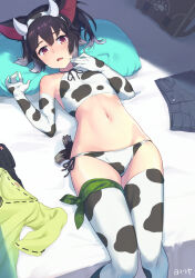  1girl \||/ animal_ears animal_print artist_name bag bare_shoulders bed_sheet bikini bikini_day black_hair blush breasts collarbone colored_tips cow_horns cow_print cow_print_bikini cow_print_gloves cow_print_thighhighs denim elbow_gloves fake_horns fang feet_out_of_frame gloves hands_up head_on_pillow hibi_tsuna highres horns jeans lying mole multicolored_hair navel on_back open_mouth orange_eyes original pants print_bikini print_gloves print_thighhighs short_hair side-tie_bikini_bottom skin_fang skirt small_breasts solo stomach swimsuit tail thighhighs unworn_pants unworn_shirt unworn_skirt 