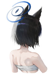  1girl absurdres animal_ears back black_hair blue_archive blue_halo cat_ears chest_sarashi cropped_arms from_behind halo highres hikimori_1 kikyou_(blue_archive) sarashi short_hair simple_background solo upper_body white_background 