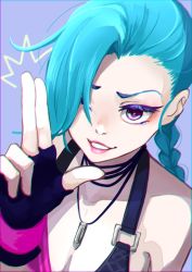  1girl arm_tattoo blue_hair braid gloves jinx_(league_of_legends) league_of_legends long_hair nail_polish one_eye_closed pink_background pink_eyes simple_background single_braid solo tattoo twin_braids very_long_hair  rating:Sensitive score:14 user:twilight_jester