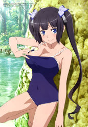1girl absurdres bare_legs barefoot black_hair blue_eyes blunt_bangs breasts bush cleaned cleavage closed_mouth clothes_pull collarbone competition_school_swimsuit covered_navel day dungeon_ni_deai_wo_motomeru_no_wa_machigatteiru_darou_ka grass hair_ornament hair_ribbon hestia_(danmachi) highres hiyamizu_yukie knee_up large_breasts long_hair looking_at_viewer megami_magazine official_art one-piece_swimsuit one-piece_swimsuit_pull outdoors ribbon rock school_swimsuit smile solo standing swimsuit tree twintails water rating:Sensitive score:137 user:danbooru