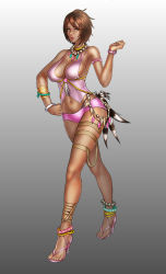  1girl absurdres anklet armlet bracelet breasts brown_hair cleavage creatures_(company) dark-skinned_female dark_skin elite_four feathers feet game_freak hand_on_own_hip high_heels highres island_kahuna jewelry large_breasts lips nail_polish nintendo olivia_(pokemon) pokemon pokemon_sm sandals shoes short_shorts shorts sideboob solo thighlet thong toeless_footwear toes trial_captain trickster_(death_combo) walking watch wristwatch  rating:Sensitive score:91 user:danbooru