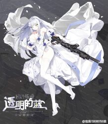 1girl absurdres alternate_costume assault_rifle breasts dress facial_mark full_body girls&#039;_frontline green_eyes gun h&amp;k_hk416 hair_ornament highres hk416_(girls&#039;_frontline) holding holding_gun holding_weapon large_breasts liu_zhao long_hair rifle solo suppressor thighhighs weapon wedding_dress white_dress white_thighhighs 
