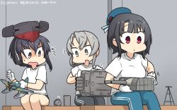  3girls aichi_m6a_seiran aircraft airplane asymmetrical_hair beret black_hair blush breasts brown_eyes commentary_request dated depth_charge gloves grey_eyes hair_between_eyes hamu_koutarou hat headphones highres i-13_(kancolle) kantai_collection large_breasts long_hair looking_at_viewer multiple_girls nowaki_(kancolle) open_mouth pants parasite_aircraft red_eyes seaplane shirt short_hair short_sleeves silver_hair sitting smile takao_(kancolle) torpedo_tubes track_pants translation_request turret white_gloves white_shirt 